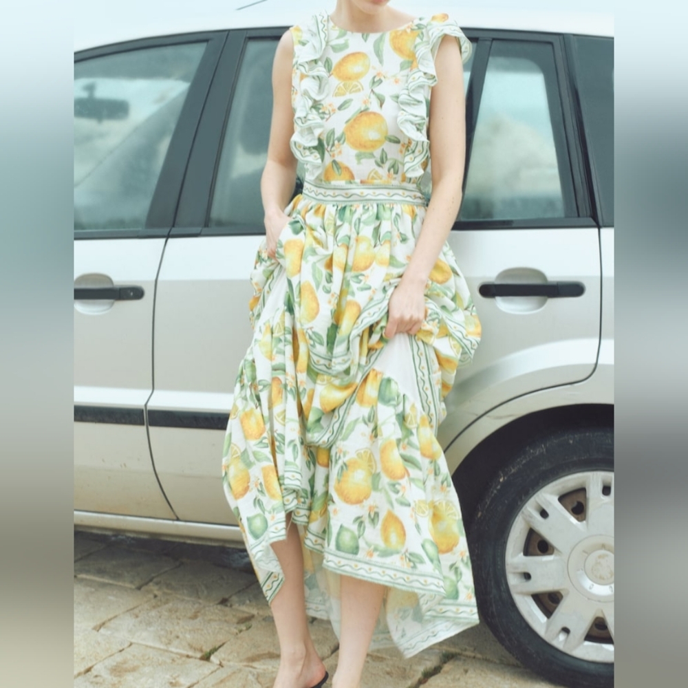 H&M Ruffle-trimmed Maxi Dress Floral White/lemons Sz S Nwt - Picture 4 of 15